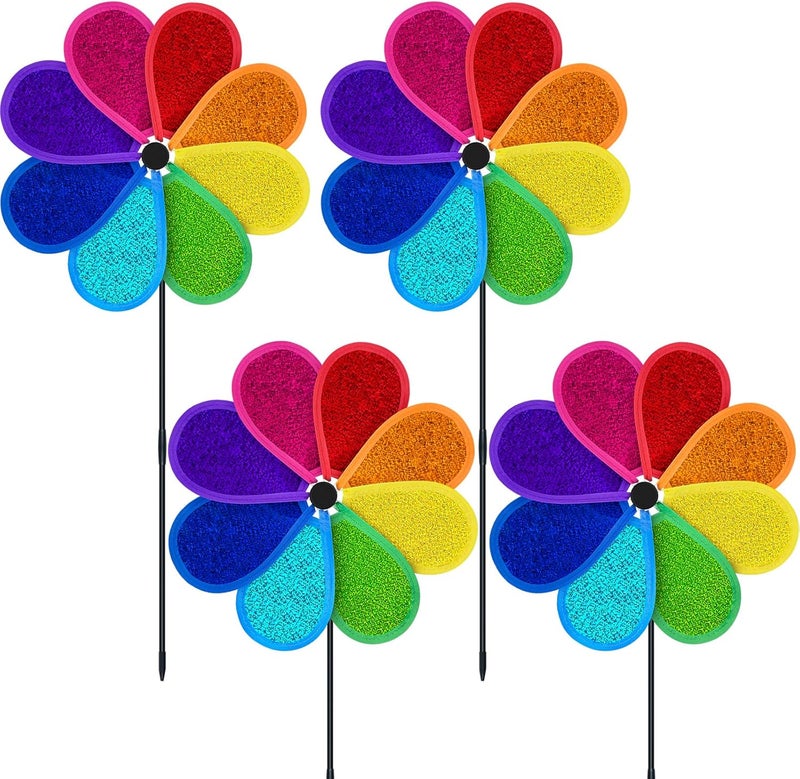 DECEED 4 PCS 11.4" W x 28" H Reflective Pinwheels Sparkly Lawn Wind Spinners Colorful Rainbow Windmill for Garden Decoration Bird Devices Deterrent to Scare Birds Away（Multicolor） - Image 1